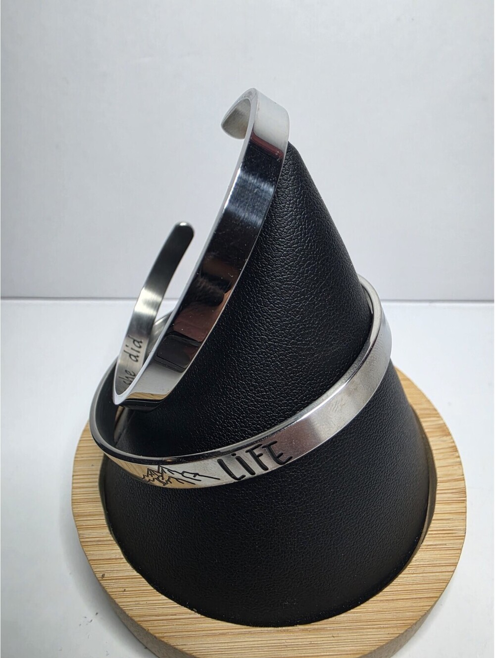 Engraved Silver Tone Inspirational Cuff Bangle Bracelet Stack Set of 2